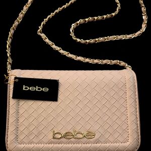 bebe Blush Pink Woven Crossbody Bag with Gold Chain